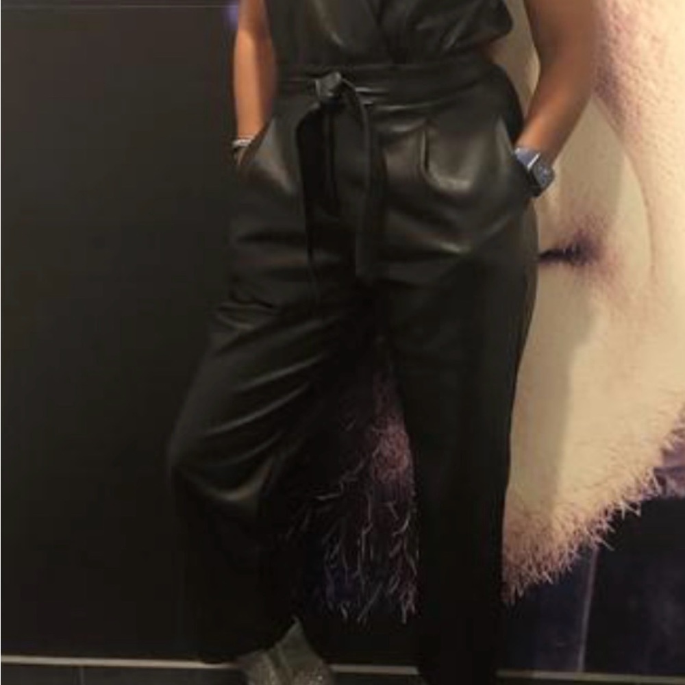 INC International Concepts Black Belted Jumpsuit Faux Leather